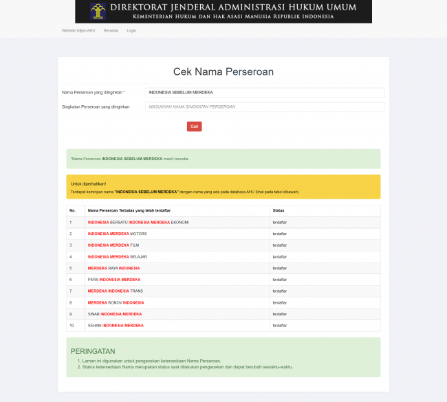 Perbandingan hasil cek nama perusahaan yang diterima dan ditolak