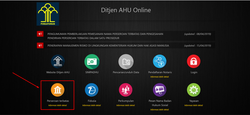 Halaman utama situs AHU untuk cek nama PT